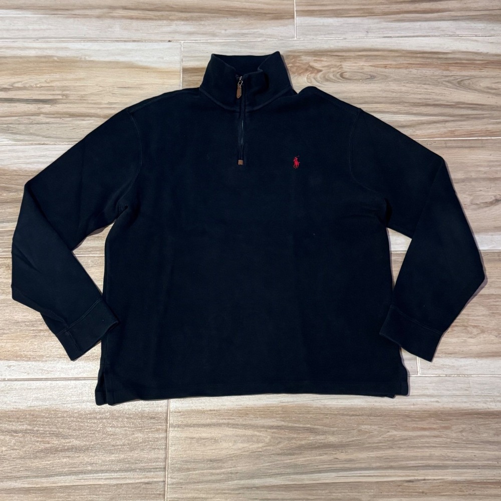 Polo Ralph Lauren Mens Medium Black Cotton Quarter Zip Pullover Red Pony Logo